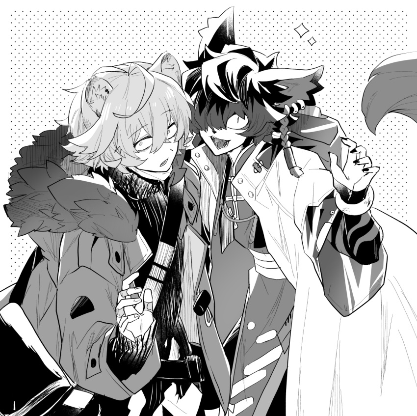 2boys aak_(arknights) ahoge animal_ears arknights bag bags_under_eyes bandaid bandaid_on_hand bear_boy bear_ears bishounen cowboy_shot ear_piercing fang fur_collar hair_over_one_eye highres iwashi_80 jacket jaye_(arknights) male_focus mask mask_removed monochrome multiple_boys open_mouth piercing short_hair slit_pupils smile sparkle surprised