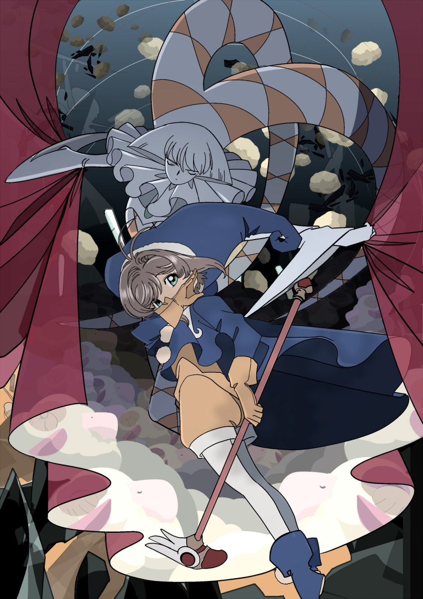 2girls antenna_hair blue_footwear blue_headwear boots brown_hair cardcaptor_sakura closed_eyes clow_card commentary_request edoya_inuhachi erase_(clow_card) fuuin_no_tsue gloves green_eyes hat highres holding holding_wand kinomoto_sakura multiple_girls official_alternate_costume pantyhose short_hair wand white_legwear yellow_gloves