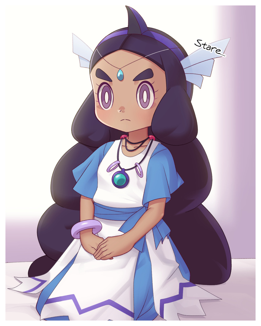 1girl blue_dress border bracelet bright_pupils closed_mouth collarbone commentary_request cowlick dark-skinned_female dark_skin dress frown gazing_eye hairband hapu_(pokemon) highres jewelry long_hair necklace own_hands_together pokemon pokemon_(anime) pokemon_sm_(anime) purple_hair short_sleeves sitting twintails violet_eyes white_border white_pupils