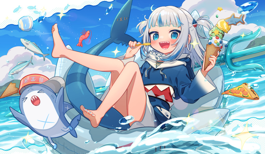 1girl animal_hood bangs bare_legs beach blue_eyes blue_hair blue_hoodie blue_nails blunt_bangs fish fish_tail food gawr_gura hair_ornament highres holding holding_food holding_spoon hololive hololive_english hood hoodie ice_cream ice_cream_cone innertube legs_up long_sleeves medium_hair multicolored_hair nail_polish open_mouth pizza polearm shark_girl shark_hair_ornament shark_hood shark_tail sharp_teeth shrimp sky sparkle spoon streaked_hair tail teeth toenail_polish toenails trident two_side_up uchako virtual_youtuber water weapon white_hair wide_sleeves