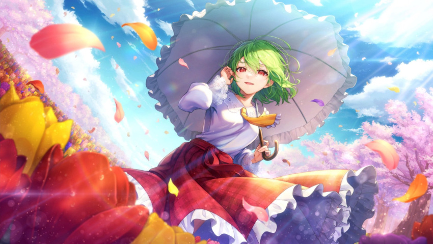 1girl adjusting_hair ascot blue_sky cherry_blossoms clouds cloudy_sky collared_shirt day falling_petals field flower flower_field frilled_skirt frilled_umbrella frills green_hair hair_between_eyes hand_in_own_hair hand_up highres holding holding_umbrella kazami_yuuka lens_flare light_particles light_rays looking_at_viewer nature open_mouth outdoors petals plaid plaid_skirt puffy_sleeves rainbow red_eyes rogcan_can shirt short_hair skirt sky solo touhou touhou_danmaku_kagura tree tulip umbrella wind wind_lift yellow_ascot