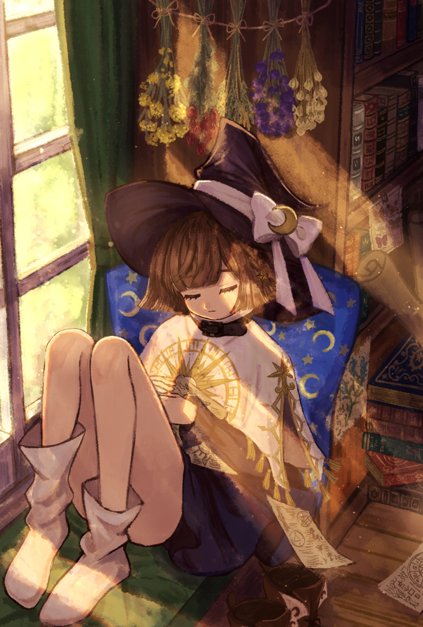 1girl absurdres book bookshelf brown_hair commentary flower hat highres indoors legs_up medium_hair original pillow saigasai shoes shoes_removed short_hair sitting sleeping solo white_legwear window witch witch_hat