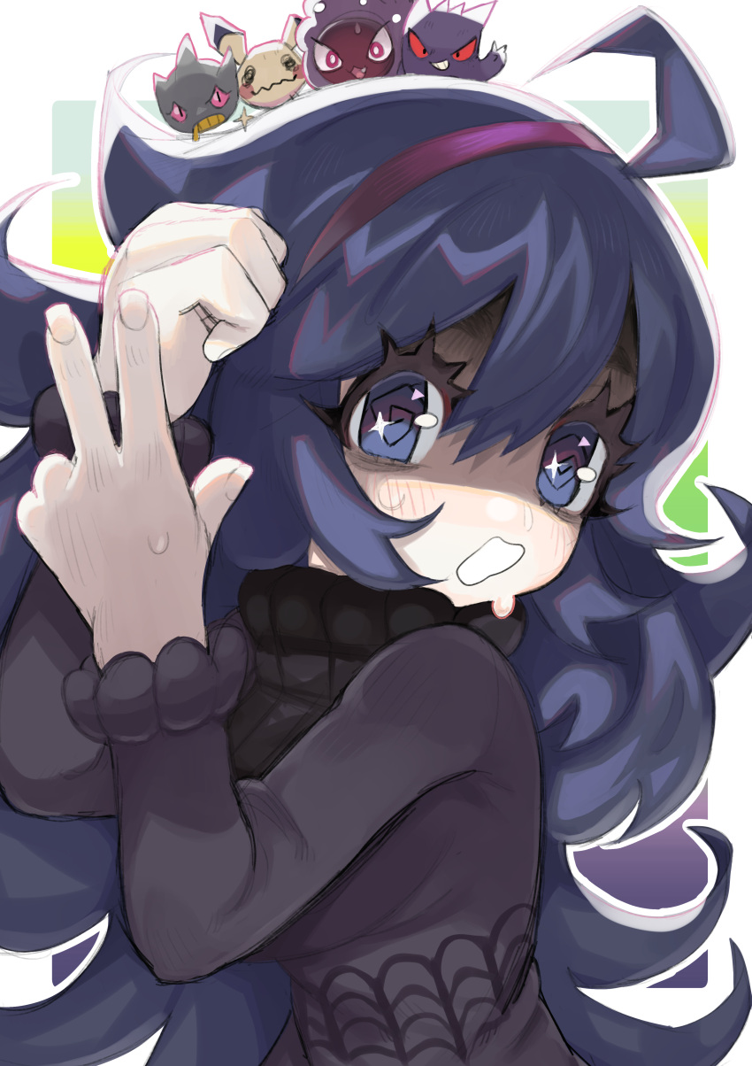 1girl @_@ absurdres ahoge banette bangs black_sweater blue_eyes blue_hair blush border commentary dress english_commentary flipped_hair frilled_sleeves frills gastly gengar grace_hosanna_marquez_carranco hair_between_eyes hairband hands_up hex_maniac_(pokemon) highres long_hair long_sleeves looking_at_viewer mimikyu open_mouth outline outside_border pokemon pokemon_(creature) pokemon_(game) pokemon_xy purple_dress purple_hairband sidelocks solo_focus sparkling_eyes spider_web_print sweater turtleneck upper_body v wavy_hair wavy_mouth white_border white_outline