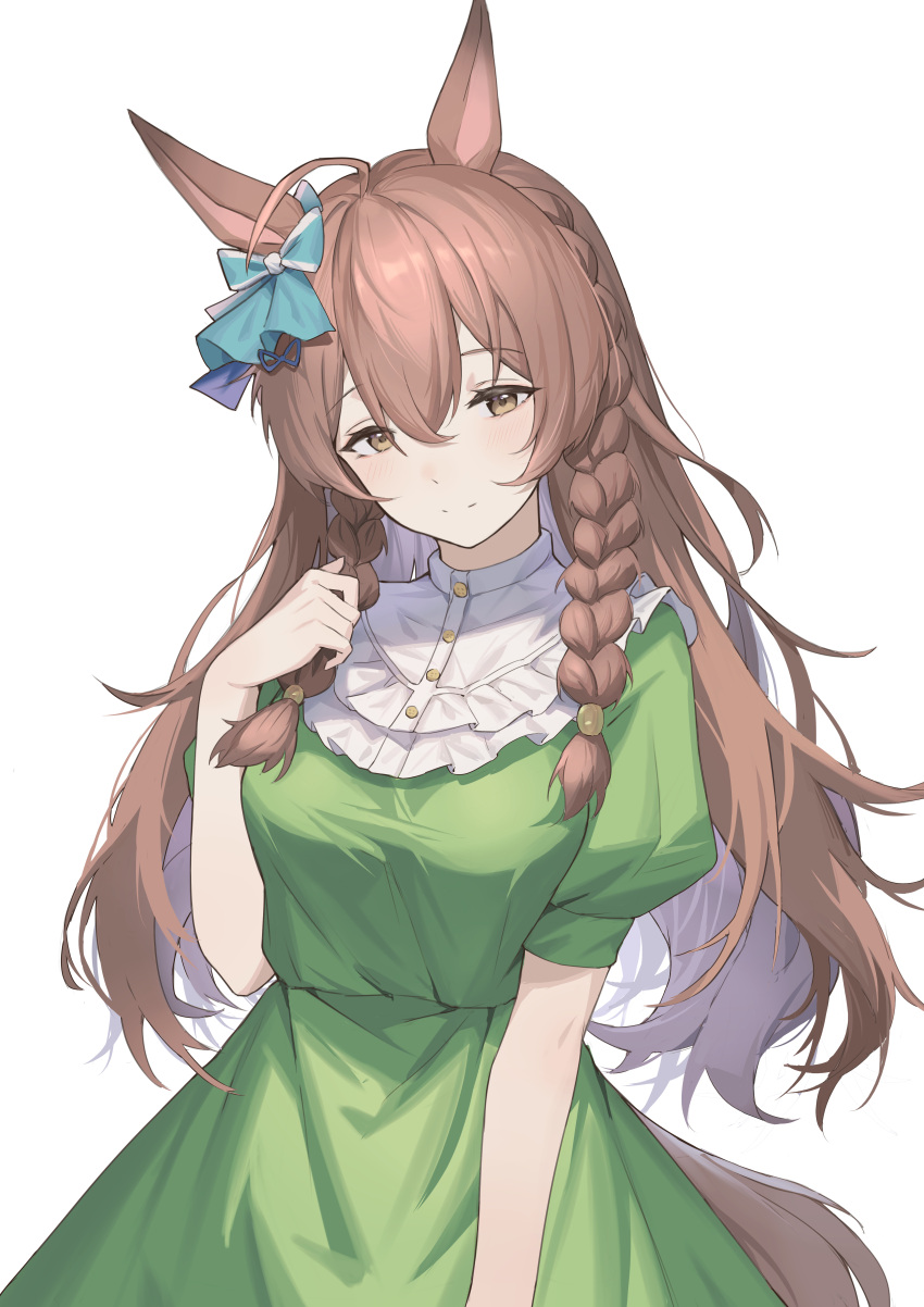 1girl absurdres ahoge alternate_costume animal_ears bangs braid breasts brown_eyes brown_hair closed_mouth collared_dress dress ear_bow green_dress hair_between_eyes hand_up highres horse_ears horse_girl horse_tail long_hair looking_at_viewer medium_breasts mejiro_bright_(umamusume) puffy_short_sleeves puffy_sleeves short_sleeves simple_background smile solo split_mouth tail twin_braids umamusume upper_body white_background yuku~