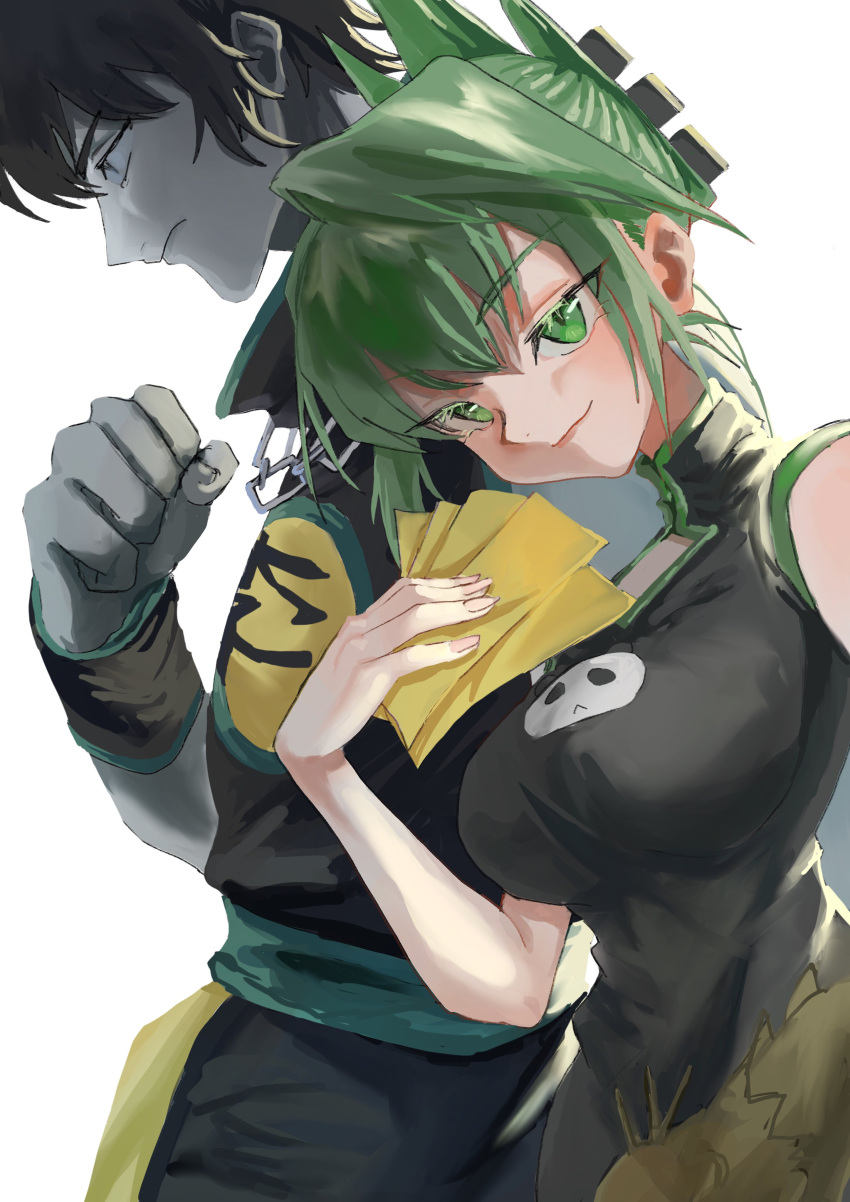 1boy 1girl absurdres bangs bare_shoulders black_dress breasts chain china_dress chinese_clothes clenched_hand closed_mouth dragon_print dress green_eyes green_hair hair_between_eyes hair_intakes highres holding holding_paper jiangshi large_breasts lee_bailong looking_at_viewer ofuda paper shaman_king short_hair sleeveless spiky_hair syonensukisugi tao_jun updo upper_body wristband