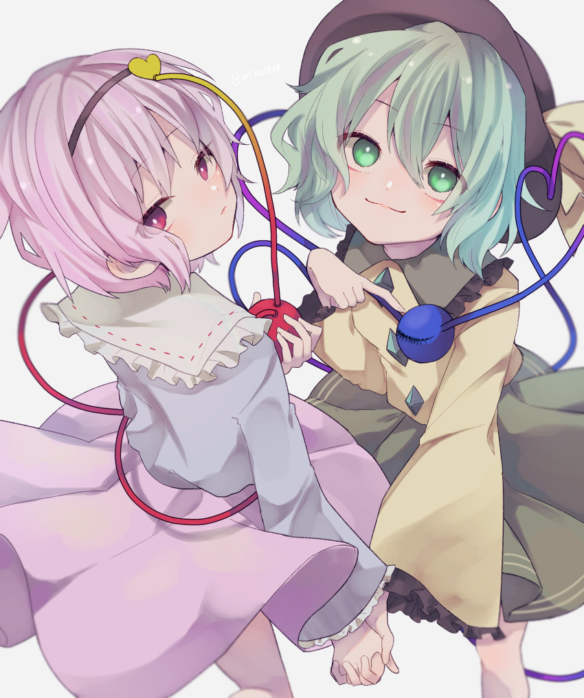 2girls :/ :3 absurdres black_hairband black_headwear blouse blue_shirt blush bright_pupils buttons closed_mouth commentary diamond_button feet_out_of_frame frilled_shirt_collar frilled_sleeves frills from_above green_eyes green_hair green_skirt grey_background hair_between_eyes hair_ornament hairband hat hat_ribbon heart heart_hair_ornament heart_of_string highres holding holding_hands interlocked_fingers komeiji_koishi komeiji_satori long_sleeves looking_at_viewer looking_back looking_up mikoshiba_m multiple_girls pink_eyes pink_hair pink_skirt ribbon ribbon_trim shirt short_hair siblings simple_background skirt third_eye touhou twitter_username white_pupils wide_sleeves yellow_ribbon yellow_shirt