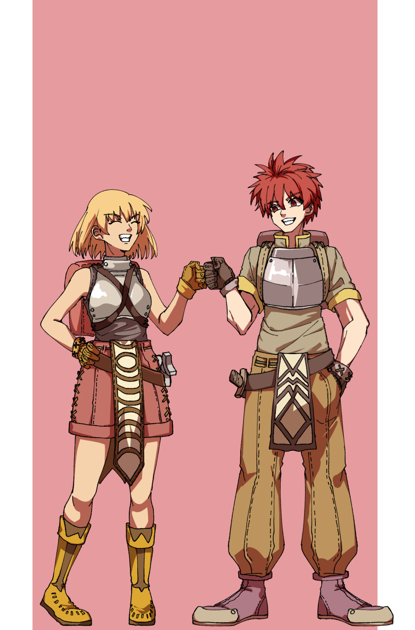 1boy 1girl armor bangs belt blonde_hair boots breastplate brown_belt brown_footwear brown_gloves brown_pants brown_shirt closed_eyes commentary_request eyebrows_visible_through_hair fist_bump full_body gloves green_shirt grin hair_between_eyes highres looking_at_another looking_to_the_side novice_(ragnarok_online) pants pink_background pink_shorts ragnarok_online red_eyes redhead shirt shoes short_hair short_sleeves shorts sleeveless sleeveless_shirt smile white_background yanagimoto_hikari