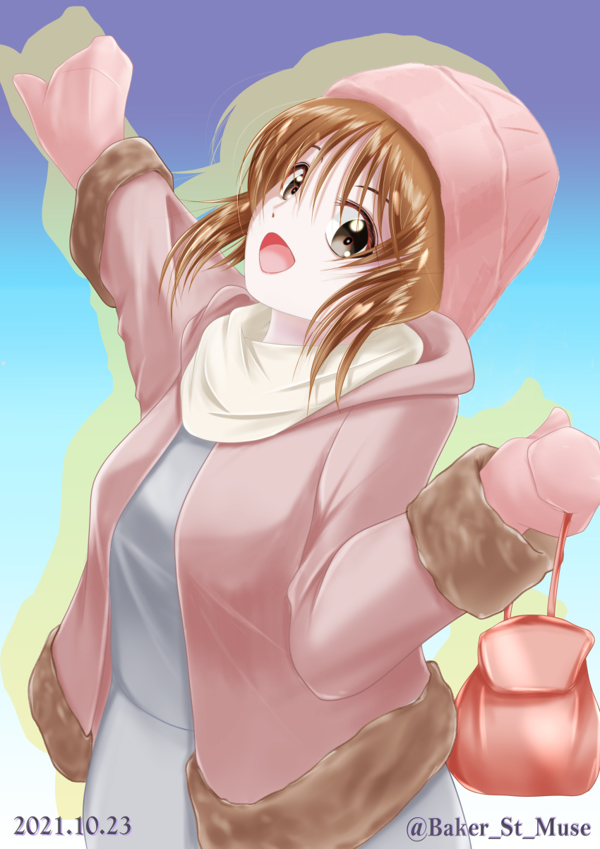 1girl absurdres arm_up bag baker_st_muse bangs beanie blue_background brown_eyes brown_hair casual coat dated dress girls_und_panzer grey_dress handbag hat head_back highres holding looking_at_viewer nishizumi_miho open_mouth pink_coat pink_headwear pink_mittens scarf short_hair silhouette smile solo standing twitter_username white_scarf winter_clothes