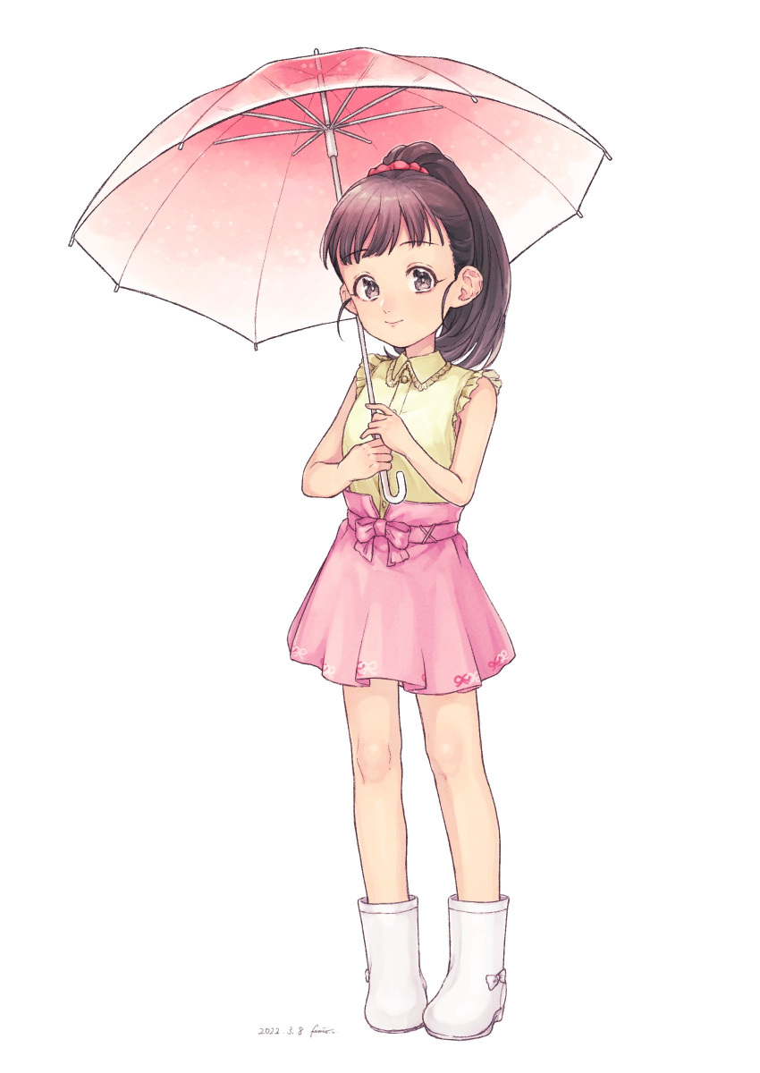 absurdres bangs bare_legs black_hair boots bow child commentary_request dated eyebrows_visible_through_hair flat_chest frilled_shirt frills fukuyama_mai grey_eyes h_vstpy highres holding holding_umbrella idolmaster idolmaster_cinderella_girls long_hair looking_at_viewer pink_bow pink_skirt ponytail print_skirt red_scrunchie scrunchie shirt signature skirt sleeveless sleeveless_shirt smile solo umbrella waist_bow white_background white_bow white_footwear wing_collar yellow_shirt