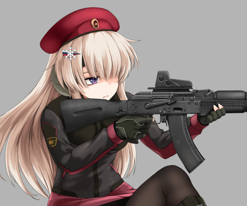 ak-74m ak74m_(girls'_frontline) akatsuki_akane assault_rifle beret blonde_hair boots camouflage_gloves ear_protection eotech finger_on_trigger girls_frontline gloves gun hair_ornament hat kalashnikov_rifle kneeling long_hair one_knee optical_sight pantyhose red_headwear red_star rifle russian_flag snowflake_hair_ornament tactical_clothes violet_eyes weapon
