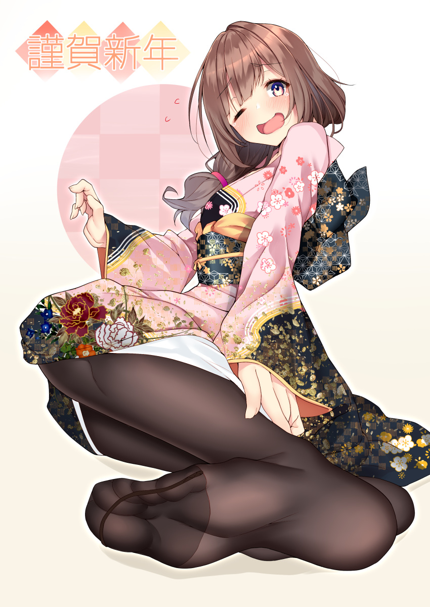 1girl absurdres bangs blush braid brown_eyes brown_hair brown_legwear embarrassed eyebrows_visible_through_hair feet floral_print foot_focus full_body happy_new_year highres japanese_clothes kimono long_hair long_sleeves looking_at_viewer nebusoku no_shoes one_eye_closed open_mouth original pink_kimono side_braid simple_background soles solo swept_bangs tears toes trembling white_background