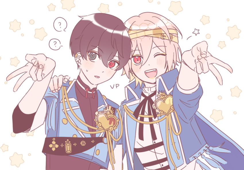 2boys ? androgynous ange_yuki blonde_hair blush brown_hair facing_viewer fangs grey_eyes latte04 looking_at_viewer matching_outfit multicolored_eyes multiple_boys one_eye_closed open_mouth red_eyes robin_laffite star_(symbol) v vampire visual_prison white_background