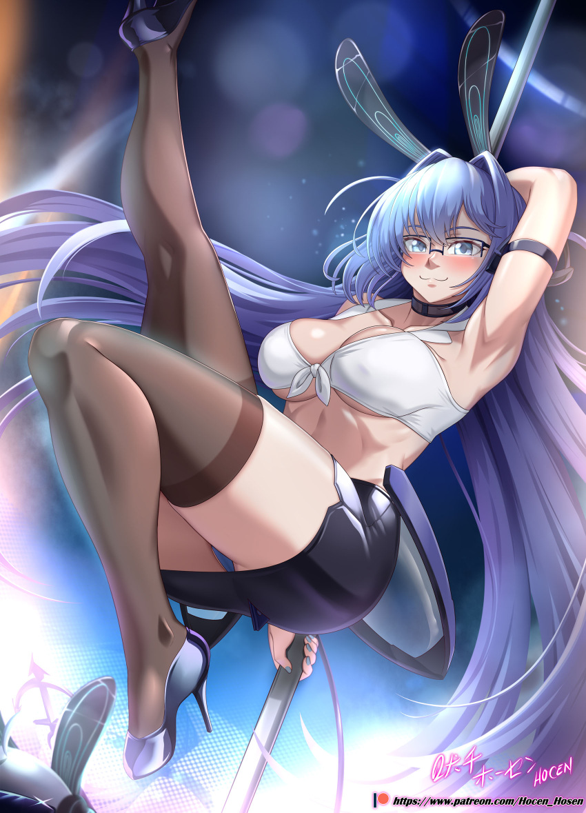 1girl absurdly_long_hair alternate_costume animal_ears arm_behind_head arm_strap armpits artist_name ass azur_lane black_choker black_hair black_skirt blush bra breasts brown_legwear choker fake_animal_ears front-tie_top full_body high_heels highres large_breasts leg_up lens_flare long_hair looking_at_viewer miniskirt new_jersey_(azur_lane) open_mouth oversized_breast_cup patreon_username pencil_skirt pole pole_dancing presenting_armpit purple_footwear rabbit_ears rectangular_eyewear shoes skirt solo stiletto_heels strapless stripper_pole thigh-highs underwear very_long_hair vilde_loh_hocen violet_eyes white_bra zettai_ryouiki