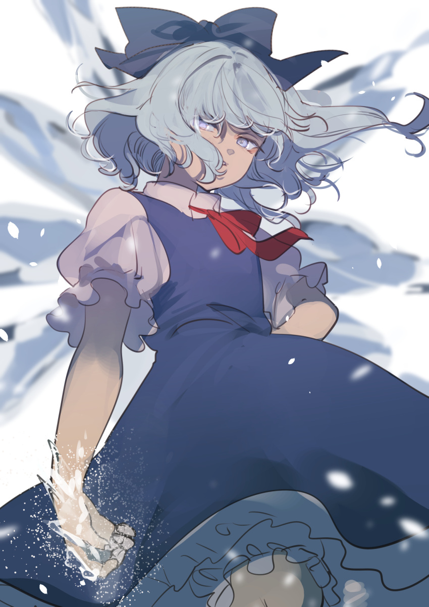 1girl alternate_eye_color bangs blue_bow blue_dress blue_hair blurry bow bowtie breasts cirno closed_mouth collared_shirt commentary_request dress eyebrows_visible_through_hair eyes_visible_through_hair fingernails frills grey_shirt grey_shorts hair_between_eyes hand_on_hip highres ice ice_wings kerok_(joniko1110) looking_at_viewer magic medium_breasts one-hour_drawing_challenge puffy_short_sleeves puffy_sleeves red_bow red_bowtie shirt short_hair short_sleeves shorts simple_background solo standing teeth touhou violet_eyes white_background wings