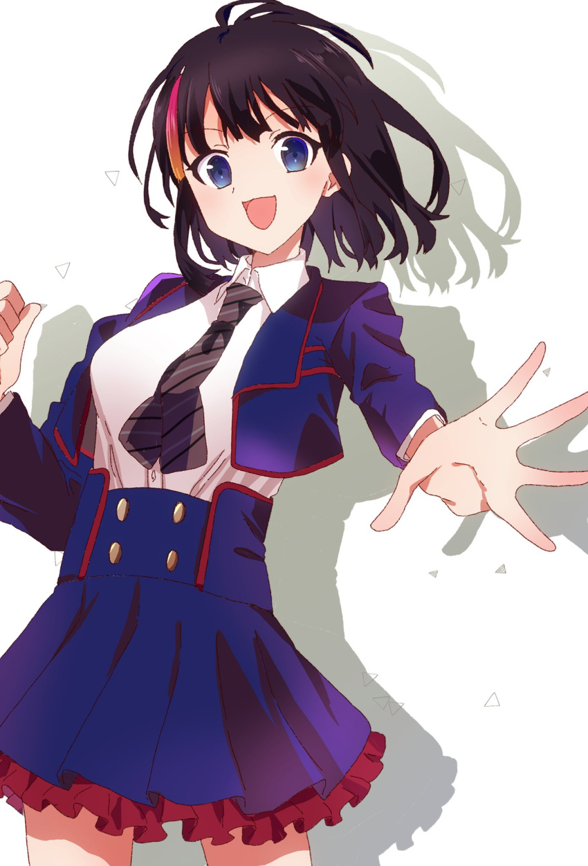 1girl ahoge bangs black_hair blue_eyes blue_jacket blue_skirt blush breasts buttons collared_shirt fate/requiem fate_(series) high-waist_skirt highres hikono jacket large_breasts long_sleeves looking_at_viewer medium_hair multicolored_hair necktie open_clothes open_jacket open_mouth outstretched_arm pink_hair shirt sidelocks skirt smile solo streaked_hair thighs utsumi_erice utsumi_erice_(mission_start) white_shirt