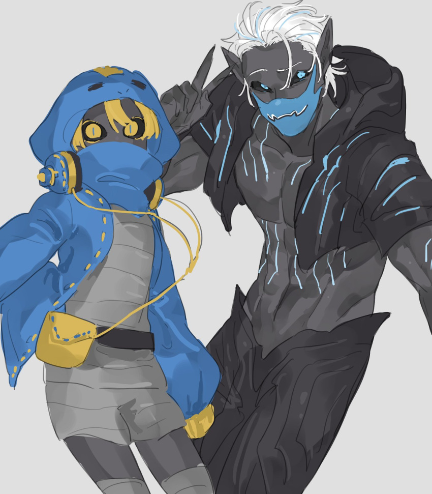 1boy 1girl alternate_form animal_hood bbbb_fex black_legwear black_pants black_sclera black_vest blonde_hair blue_eyes blue_hoodie cobra_(animal) colored_sclera colored_skin covering_mouth demon_boy demon_girl gloves grey_shorts grey_skin headphones headphones_around_neck height_difference highres hood hooded_jacket hoodie humanization jacket kamen_rider kamen_rider_revice long_fingers lovekov mask mouth_mask pants pantyhose pouch shorts vest vice_(kamen_rider_revice) white_hair yellow_eyes yellow_gloves