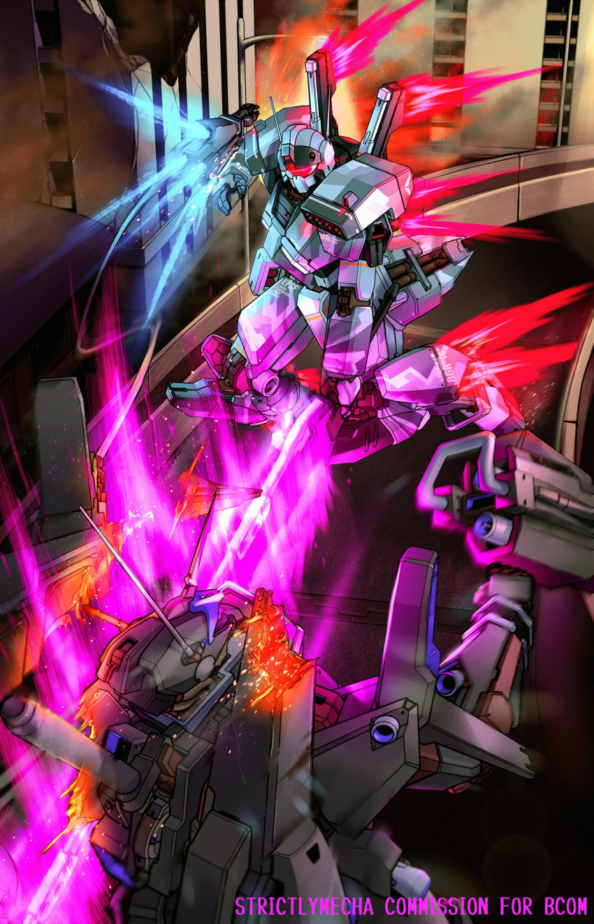 absurdres cable commission damaged english_commentary fighting flying glowing gm_iii gundam highres holding holding_sword holding_weapon mecha mobile_suit no_humans open_hand radio_antenna redesign science_fiction strictly_mecha sword visor weapon