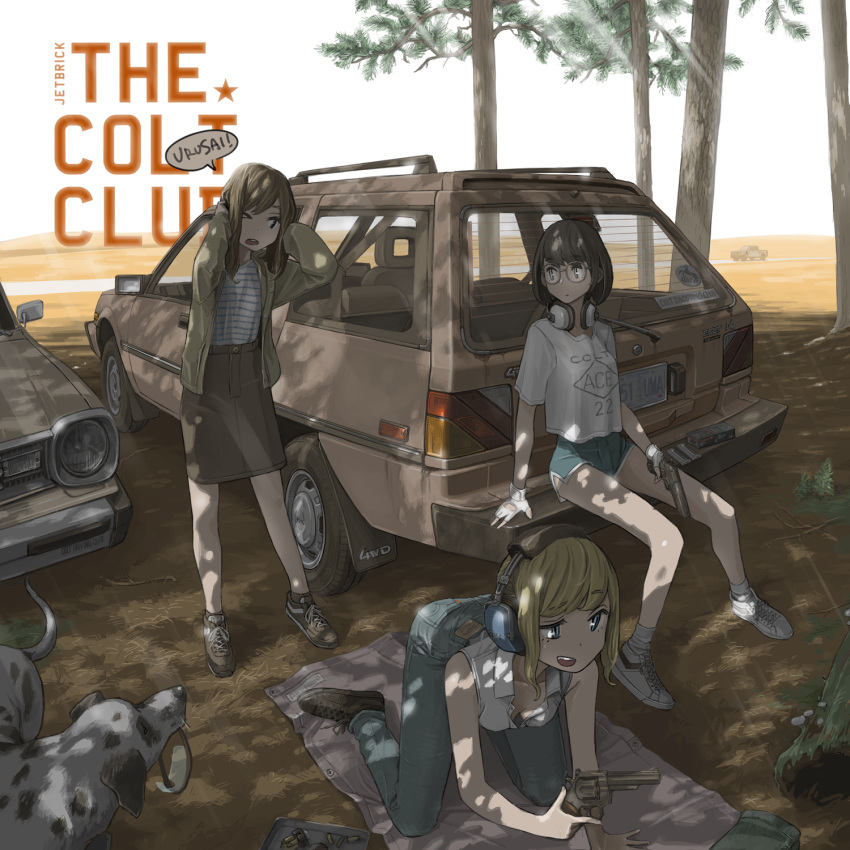 3girls all_fours animal black_hair blonde_hair blue_eyes brown_hair car commentary covering_eyes dalmatian dodge_colt dog dolphin_shorts downblouse fingerless_gloves glasses gloves ground_vehicle gun highres jacket jettoburikku motor_vehicle multiple_girls namesake one_eye_closed original outdoors revolver romaji_text shade short_shorts shorts sitting translated weapon white_gloves