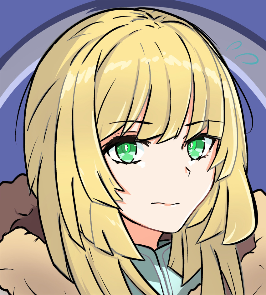 1girl absurdres alternate_hairstyle bangs blonde_hair close-up coat expressionless eyebrows_visible_through_hair face fire_emblem fire_emblem:_three_houses fire_emblem_warriors:_three_hopes green_eyes highres ingrid_brandl_galatea looking_at_viewer medium_hair portrait simple_background solo thigh_high_tavi