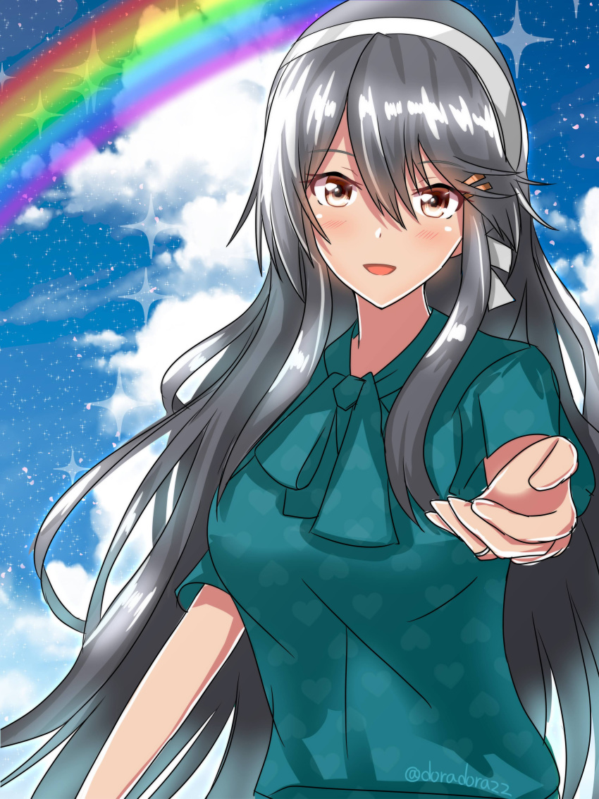 1girl :d absurdres aqua_shirt black_hair blush brown_eyes doradorazz eyebrows_visible_through_hair hair_between_eyes hair_ornament hairband hairclip haruna_(kancolle) heart heart_print highres jewelry kantai_collection long_hair looking_at_viewer official_alternate_costume rainbow reaching_out ring shirt sky smile solo sparkle twitter_username wedding_band white_hairband