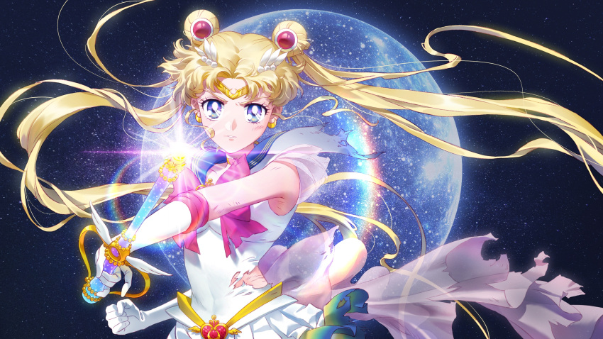 1girl absurdres bangs bishoujo_senshi_sailor_moon breasts choker clenched_hand double_bun english_commentary floating_hair gloves glowing gold_headband highres holding holding_wand lens_flare long_hair magical_girl medium_breasts moon parted_bangs sailor_collar sailor_moon sailor_senshi_uniform sidney_deng skirt solo space tsukino_usagi twintails very_long_hair violet_eyes wand white_gloves white_skirt yellow_choker