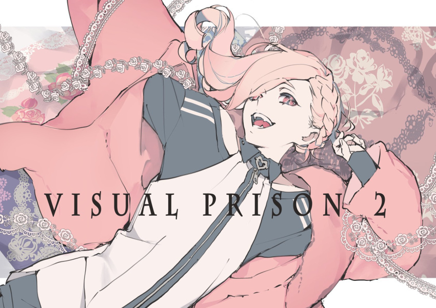 1boy androgynous black_sleeves blonde_hair braid fangs highres jacket katagiri_ikumi long_sleeves looking_at_viewer male_focus multicolored_clothes open_mouth red_eyes shirt smile solo vampire veuve_elizabeth visual_prison white_shirt
