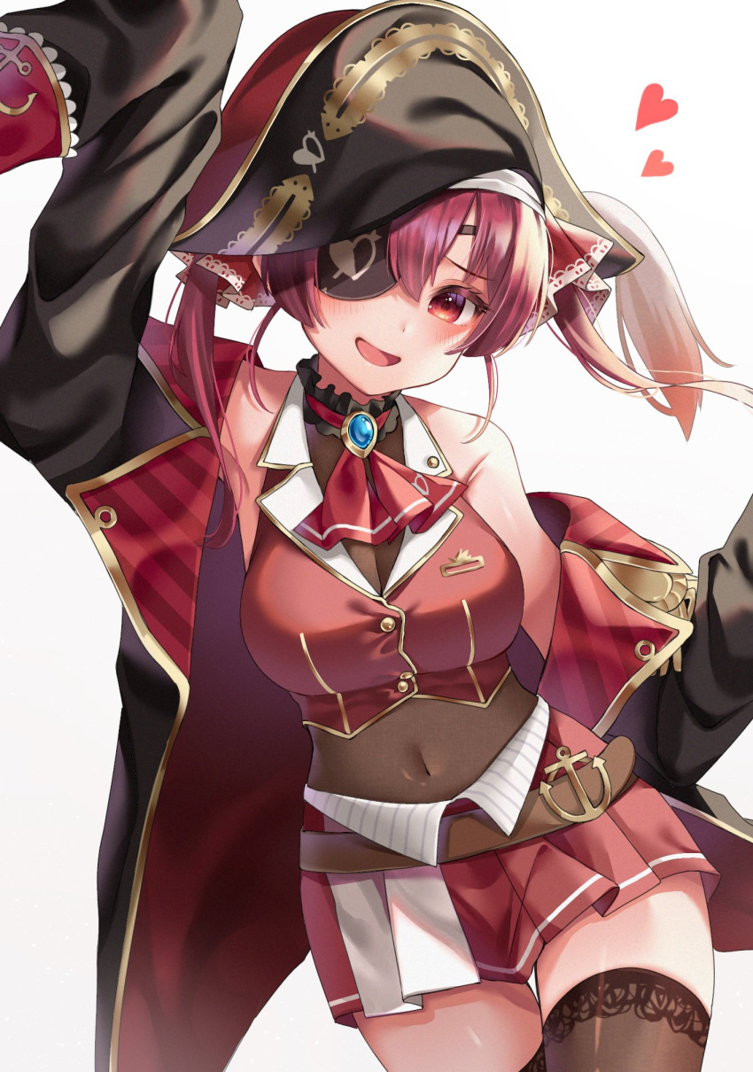 1girl bangs belt black_headwear black_jacket blush bodystocking breasts brown_belt brown_legwear cropped_jacket eyepatch hair_ribbon hat heart highres hololive houshou_marine jacket long_hair long_sleeves medium_breasts nichino off_shoulder open_clothes open_jacket open_mouth pirate_hat pleated_skirt red_eyes red_jacket red_ribbon red_skirt redhead ribbon skirt sleeveless sleeveless_jacket sleeves_past_fingers sleeves_past_wrists smile solo thigh-highs twintails virtual_youtuber