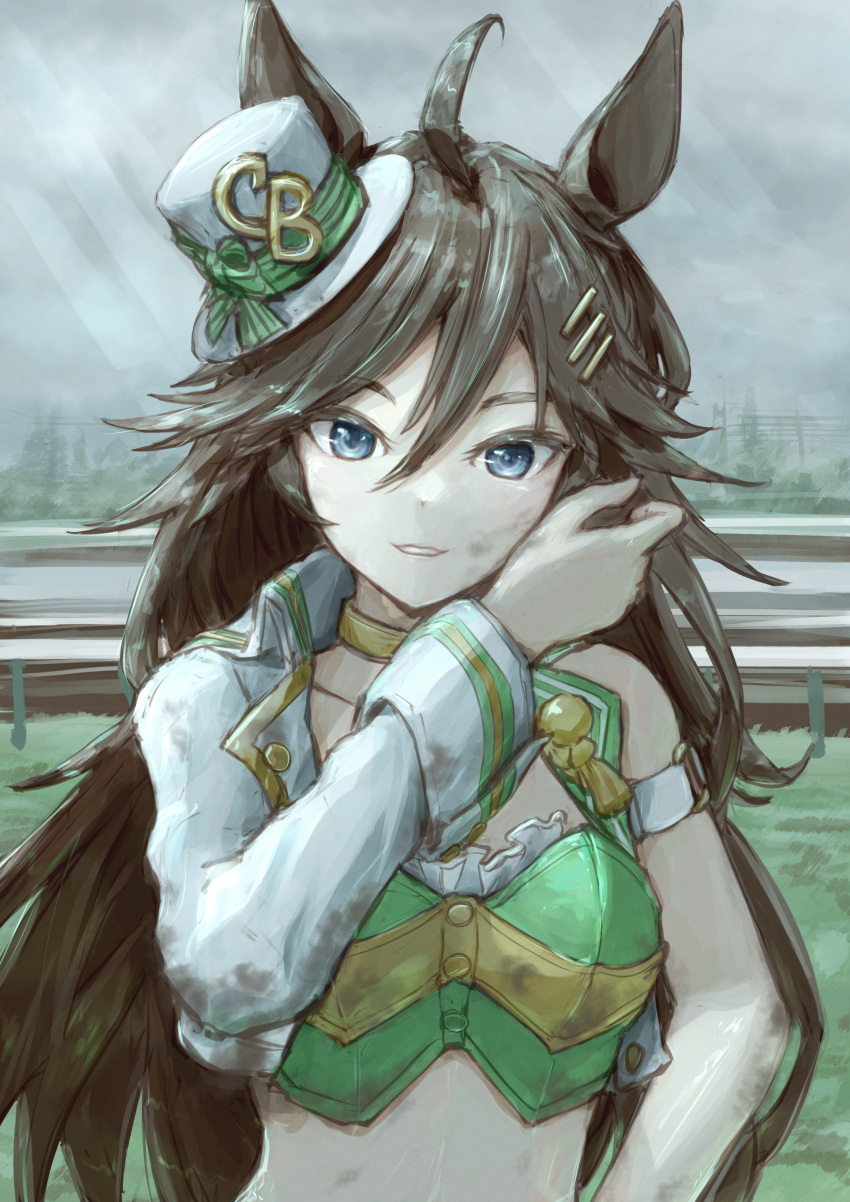 1girl absurdres ahoge animal_ears blue_eyes breasts brown_hair commentary_request crop_top green_shirt grin hair_between_eyes hair_ornament hairclip hand_up hat highres horse_ears long_hair long_sleeves looking_at_viewer midriff mini_hat mini_top_hat mr._c.b._(umamusume) outdoors parted_lips partial_commentary shirt single_sleeve single_strap small_breasts smile solo stella_(stella) strapless strapless_shirt top_hat umamusume upper_body very_long_hair white_headwear