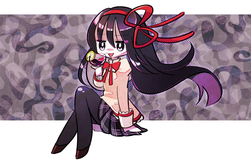 1girl 27_(tsuna) :3 akemi_homura aura black_eyes black_hair black_legwear black_skirt bow bowtie bright_pupils brown_footwear brown_shirt chibi commentary_request cup dark_aura drink drinking_glass eyebrows_visible_through_hair eyes_visible_through_hair floating_hair food fruit full_body garnish grey_background hair_between_eyes hair_ribbon halftone hand_up highres holding holding_cup holding_drink invisible_chair jaggy_lines jitome juliet_sleeves knees_up lemon lemon_slice long_hair long_sleeves looking_at_viewer mahou_shoujo_madoka_magica open_mouth pantyhose pleated_skirt puffy_sleeves red_bow red_bowtie red_ribbon ribbon shirt shoes sitting skirt smile smug solo very_long_hair white_background white_pupils wine_glass