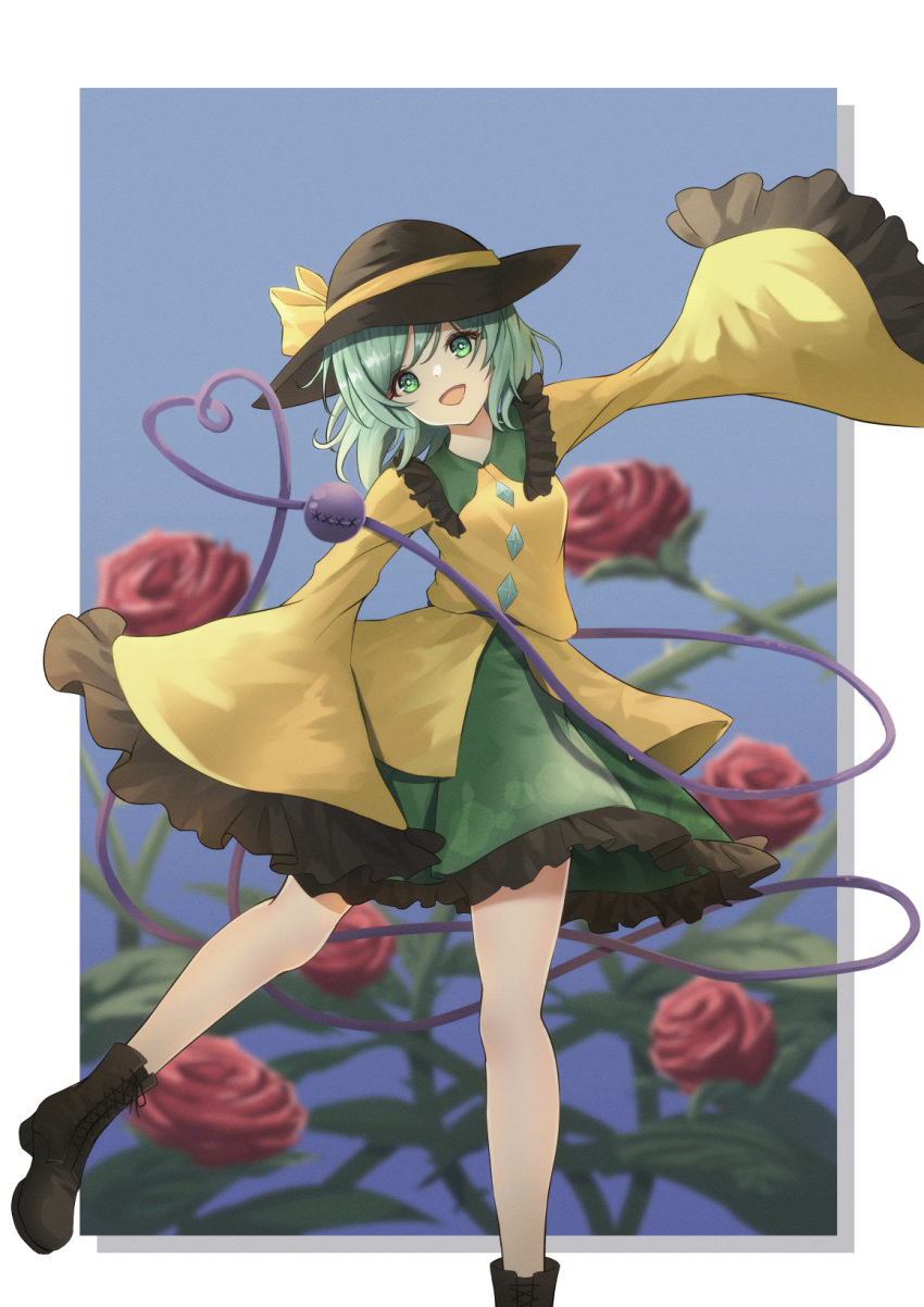 1girl black_footwear black_headwear boots collared_shirt cross-laced_footwear eyeball fall_(5754478) flower frilled_shirt_collar frilled_skirt frills green_eyes green_hair green_skirt hat hat_ribbon heart heart_of_string highres komeiji_koishi lace-up_boots open_mouth red_flower red_rose ribbon rose shirt short_hair skirt sleeves_past_fingers sleeves_past_wrists smile solo third_eye touhou wide_sleeves yellow_ribbon yellow_shirt