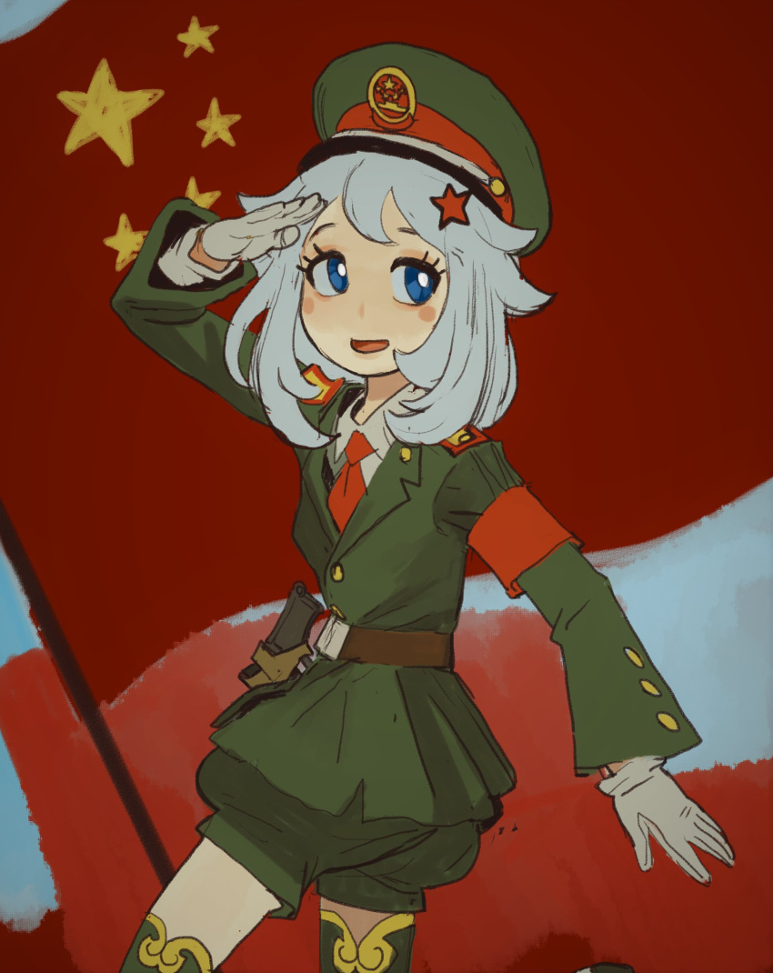 1girl :d belt blue_eyes bright_pupils brown_belt cowboy_shot genshin_impact gloves green_headwear green_jacket green_legwear grey_hair hair_flaps hat highres jacket long_sleeves looking_at_viewer military military_hat military_uniform mossacannibalis necktie open_mouth paimon_(genshin_impact) peaked_cap puffy_shorts red_necktie salute shorts smile solo soviet_army soviet_flag standing thigh-highs uniform white_gloves white_pupils