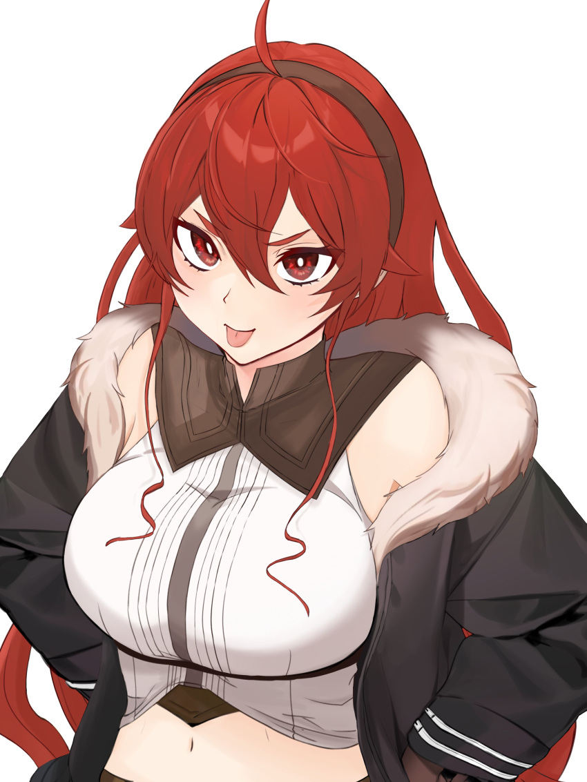 1girl absurdres bangs black_hairband breasts crossed_bangs eris_greyrat hair_between_eyes hairband highres jacket large_breasts long_hair looking_at_viewer mushoku_tensei navel older open_clothes open_jacket red_eyes redhead shirt solo tachi_aqt thick_eyebrows tongue tongue_out white_background white_shirt