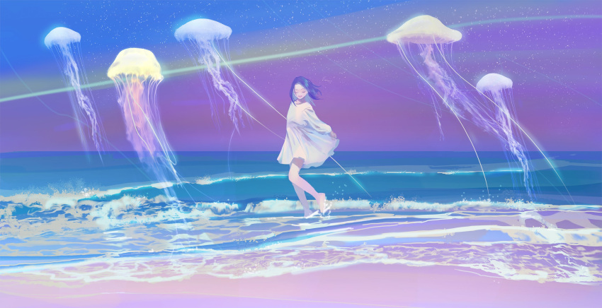 1girl closed_eyes dark_blue_hair dress flying_animal highres horizon jellyfish long_sleeves medium_hair ocean open_mouth original rojo0110 shore short_hair sky solo water white_dress