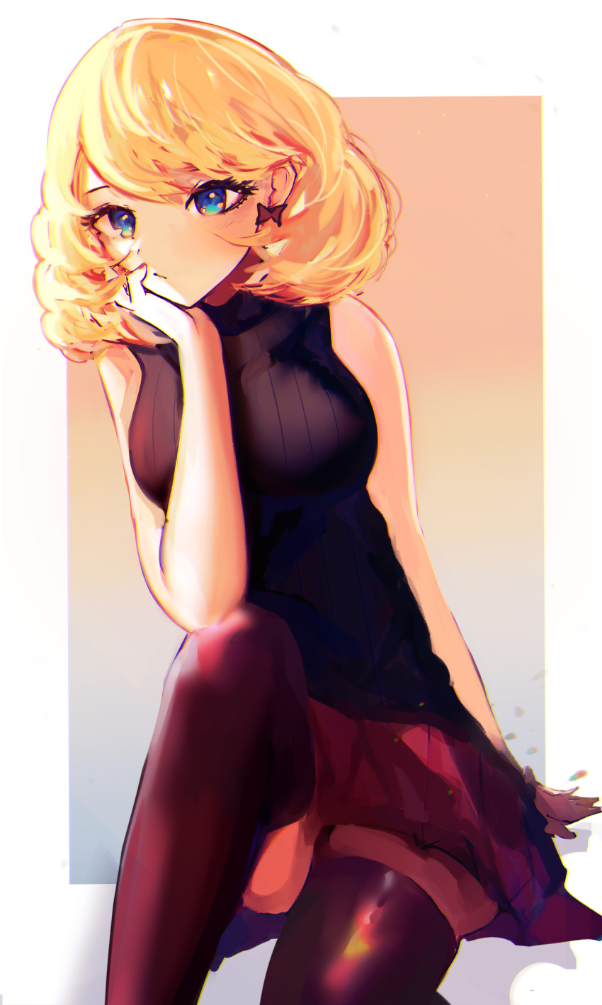 1girl bangs black_legwear black_sweater blonde_hair blue_eyes border breasts hair_between_eyes highres long_hair lxios39 medium_breasts miniskirt nail_polish outside_border pleated_skirt pokemon pokemon_(game) pokemon_xy red_nails red_skirt ribbed_sweater serena_(pokemon) sitting skirt sleeveless sleeveless_sweater solo sweater swept_bangs thigh-highs white_border zettai_ryouiki