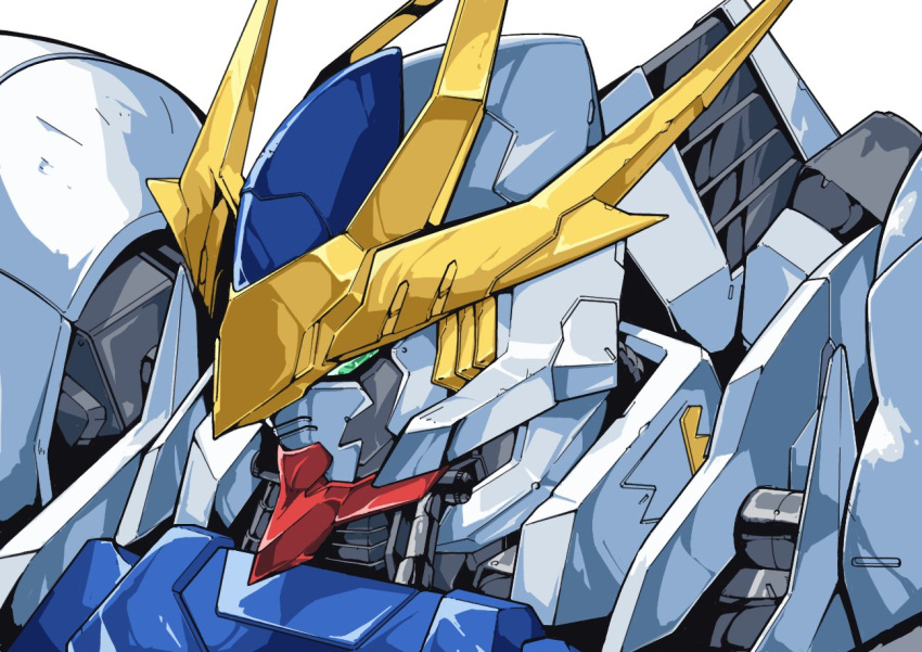 1990s_(style) gamiani_zero green_eyes gundam gundam_barbatos gundam_barbatos_lupus_rex gundam_tekketsu_no_orphans looking_ahead mecha mobile_suit no_humans portrait retro_artstyle science_fiction solo v-fin white_background