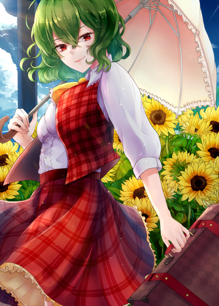 7comachi7 ascot bird blue_sky breasts buttons clouds collared_shirt day eyebrows_visible_through_hair eyelashes field fingernails flower flower_field frilled_ascot frilled_skirt frilled_umbrella frills garden_of_the_sun green_hair hair_between_eyes highres holding holding_umbrella kazami_yuuka lips long_skirt looking_at_viewer medium_breasts open_clothes open_vest outdoors parasol plaid plaid_skirt red_eyes shirt short_hair skirt sky sleeves_past_elbows smile solo suitcase sunflower touhou umbrella vest wavy_hair white_shirt yellow_ascot