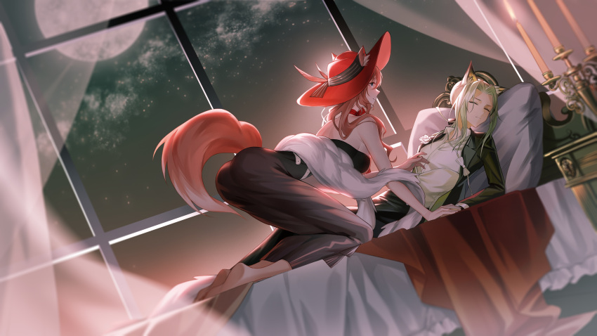 2girls ^_^ absurdres animal_ear_fluff animal_ears arknights ass bare_arms bare_shoulders barefoot bed black_dress black_jacket breasts candle cat_ears cat_tail choker closed_eyes commentary_request curtains dress ears_through_headwear feather_boa full_moon heidi_(arknights) highres indoors jacket kal'tsit_(arknights) large_breasts long_hair moon multiple_girls night night_sky official_alternate_costume open_clothes open_jacket pillow pink_hair profile red_choker red_headwear shili_(shili517) shirt sky star_(sky) starry_sky strapless strapless_dress tail white_shirt yuri