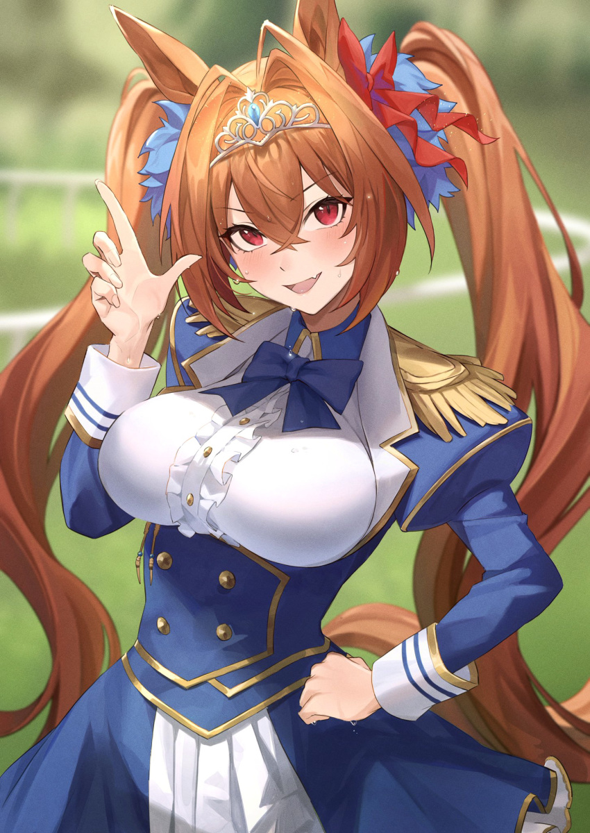 1girl animal_ears blush bow bowtie breasts brown_hair daiwa_scarlet_(umamusume) dress epaulettes fang fingernails frills gem hair_between_eyes hair_bow hand_on_hip hand_up highres horse_ears large_breasts long_hair long_sleeves open_mouth outdoors red_eyes slit_pupils solo sweat tiara toho10min twintails umamusume