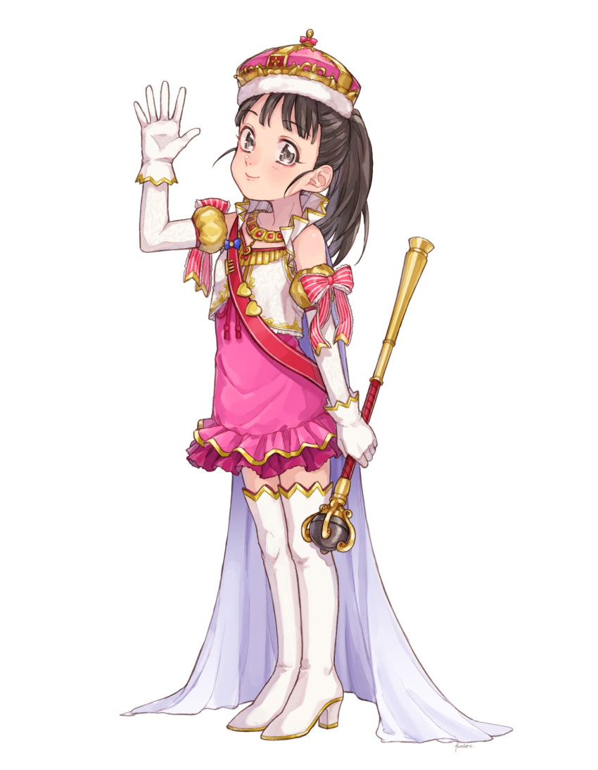 bangs black_hair boots bow cape child commentary_request crown detached_sleeves dress eyebrows_visible_through_hair frilled_skirt frills fukuyama_mai full_body fur-trimmed_headwear gloves grey_eyes h_vstpy hand_up heart high_collar highres idolmaster idolmaster_cinderella_girls jewelry long_hair looking_at_viewer pink_dress ponytail red_bandeau red_bow scepter skirt smile solo standing thigh-highs thigh_boots vest waving white_cape white_footwear white_gloves white_sleeves white_vest