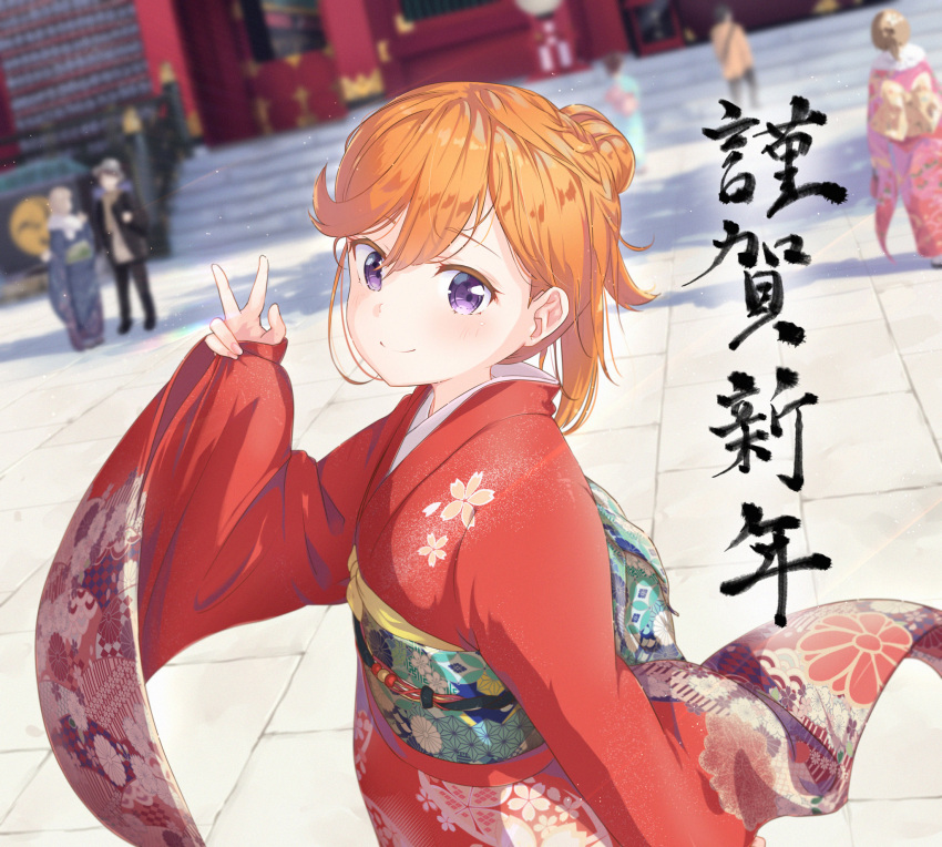 2boys 4girls bangs blurry blurry_background closed_mouth day flat_chest floral_print hand_up happy_new_year highres japanese_clothes kimono light_particles looking_at_viewer love_live! love_live!_superstar!! minase_yuki multiple_boys multiple_girls obi obiage obidome obijime orange_hair outdoors print_kimono red_kimono sash shibuya_kanon short_hair smile solo_focus v violet_eyes