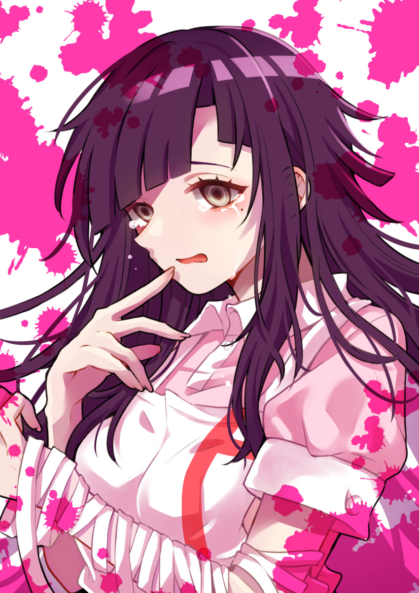 1girl apron bandages bangs blood blood_on_clothes breasts danganronpa_(series) danganronpa_2:_goodbye_despair hand_up highres large_breasts long_hair mole mole_under_eye open_mouth pink_background pink_blood pink_eyes pink_shirt puffy_short_sleeves puffy_sleeves purple_hair sakura_ebi shiny shiny_hair shirt short_sleeves solo tears tsumiki_mikan upper_body white_apron white_background