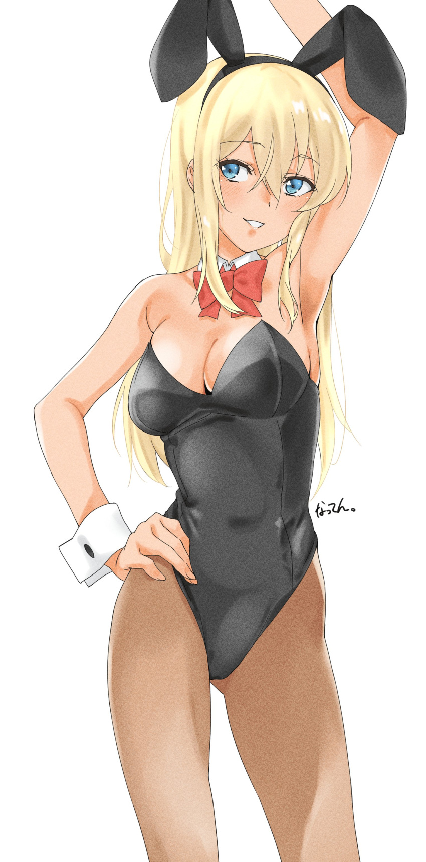 1girl absurdres animal_ears arm_up bismarck_(kancolle) black_leotard blonde_hair blue_eyes bow bowtie breasts brown_legwear cowboy_shot detached_collar hand_on_hip highres kantai_collection large_breasts leotard long_hair looking_at_viewer maonatten one-hour_drawing_challenge pantyhose parted_lips playboy_bunny rabbit_ears red_bow red_bowtie simple_background solo white_background wrist_cuffs