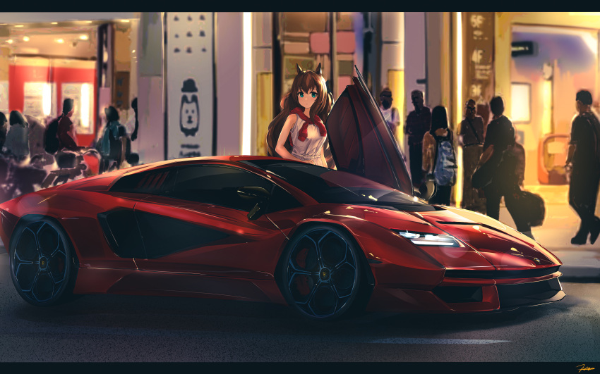 1girl absurdres animal_ears belt brown_hair building car dress green_eyes ground_vehicle highres horse_ears lamborghini letterboxed long_hair maruzensky_(umamusume) motor_vehicle nougat_(73r1r1) outdoors people signature sleeveless sleeveless_dress solo_focus standing umamusume vehicle_request white_dress