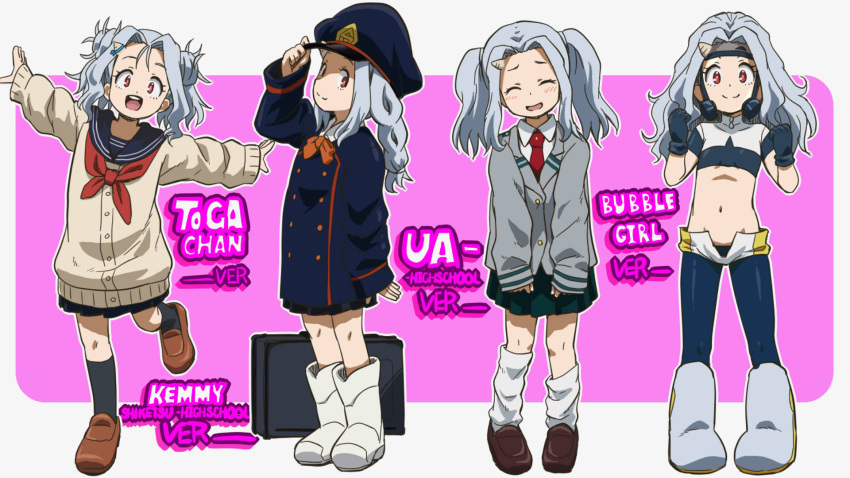 1girl awa bad_source boku_no_hero_academia bubble_girl_(boku_no_hero_academia) child closed_eyes closed_mouth cosplay eri_(boku_no_hero_academia) full_body grey_hair hat highres horns long_hair looking_at_viewer navel necktie open_mouth red_eyes school_uniform single_horn skirt smile solo toga_himiko toga_himiko_(cosplay)