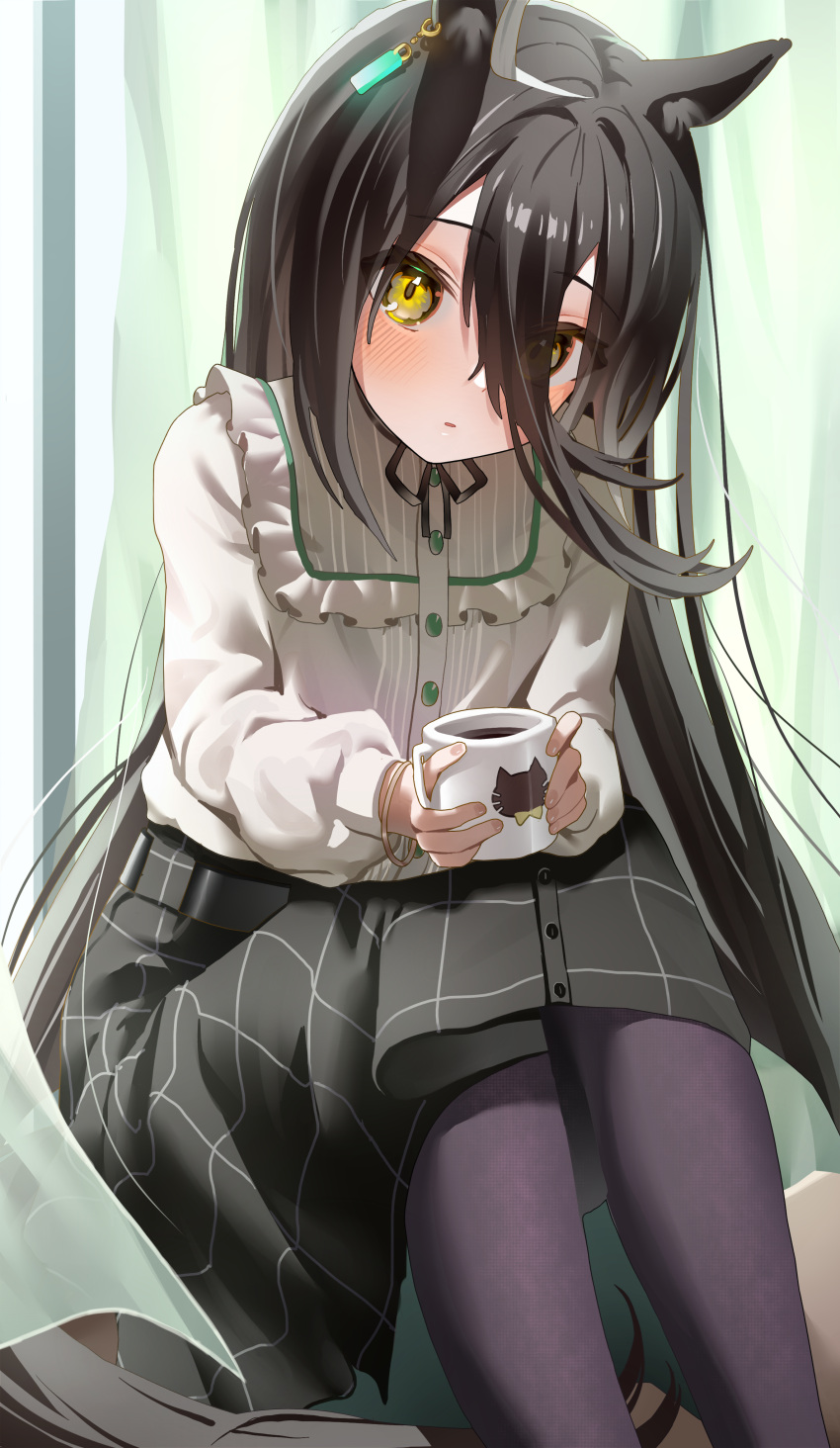 1girl absurdres animal_ears black_hair black_skirt coffee commentary_request cup ear_ornament eyebrows_visible_through_hair eyes_visible_through_hair hair_between_eyes highres holding holding_cup horse_ears horse_girl horse_tail long_hair long_sleeves looking_at_viewer manhattan_cafe_(umamusume) ningen_mame pantyhose plaid plaid_skirt purple_legwear shirt sitting skirt solo tail umamusume white_shirt yellow_eyes