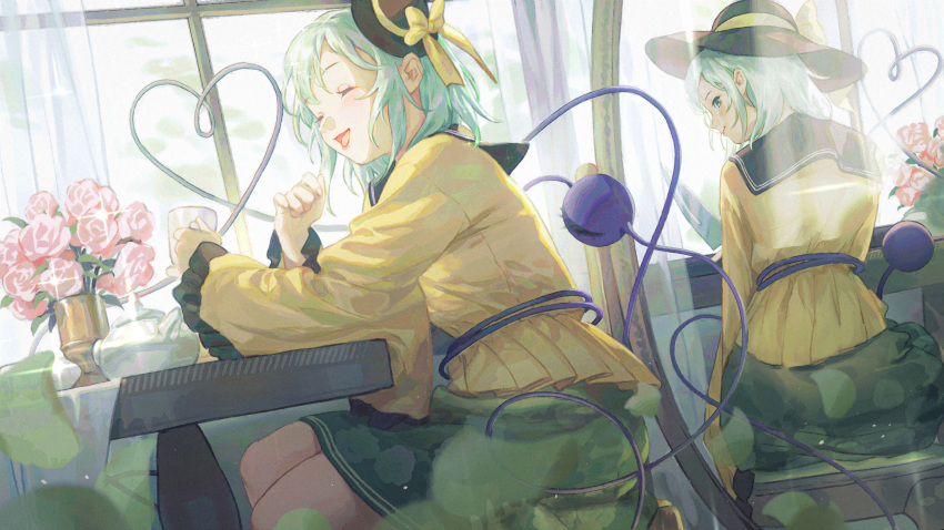 1girl absurdres aqua_eyes aqua_hair bangs black_headwear bow chun_lanlanlan closed_eyes commentary cup curtains different_reflection dual_persona eyeball flower frilled_sleeves frills full-length_mirror green_skirt hat hat_bow hat_ribbon heart heart_of_string highres holding holding_cup indoors knife koishi_day komeiji_koishi laughing light_blush light_green_hair long_sleeves looking_back mini_hat mirror open_mouth pink_flower pink_rose reflection ribbon rose sailor_collar shirt short_hair sidelocks sitting skirt smile solo sparkle swept_bangs table teapot third_eye touhou vase wide_sleeves window yellow_bow yellow_ribbon yellow_shirt