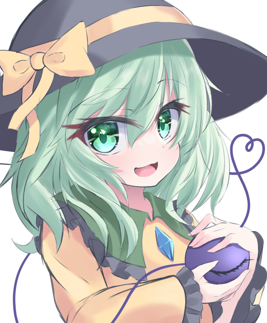 1girl :d bangs black_headwear bow eyebrows_visible_through_hair green_eyes green_hair hair_between_eyes hat hat_bow heart heart_of_string highres holding koishi_day komeiji_koishi long_sleeves looking_at_viewer open_mouth s_vileblood simple_background smile solo third_eye touhou upper_body white_background yellow_bow