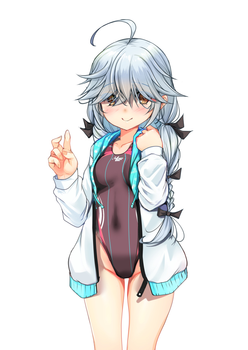 1girl absurdres ahoge black_ribbon braid breasts brown_eyes brown_swimsuit character_name commentary_request covered_navel cowboy_shot dress grey_hair hair_over_eyes hair_ribbon hamanami_(kancolle) highleg highleg_swimsuit highres hood hooded_jacket hoodie jacket kantai_collection long_hair looking_at_viewer multiple_views ribbon shirt simple_background single_braid small_breasts standing swimsuit white_background white_jacket yashin_(yasinz) zoom_layer