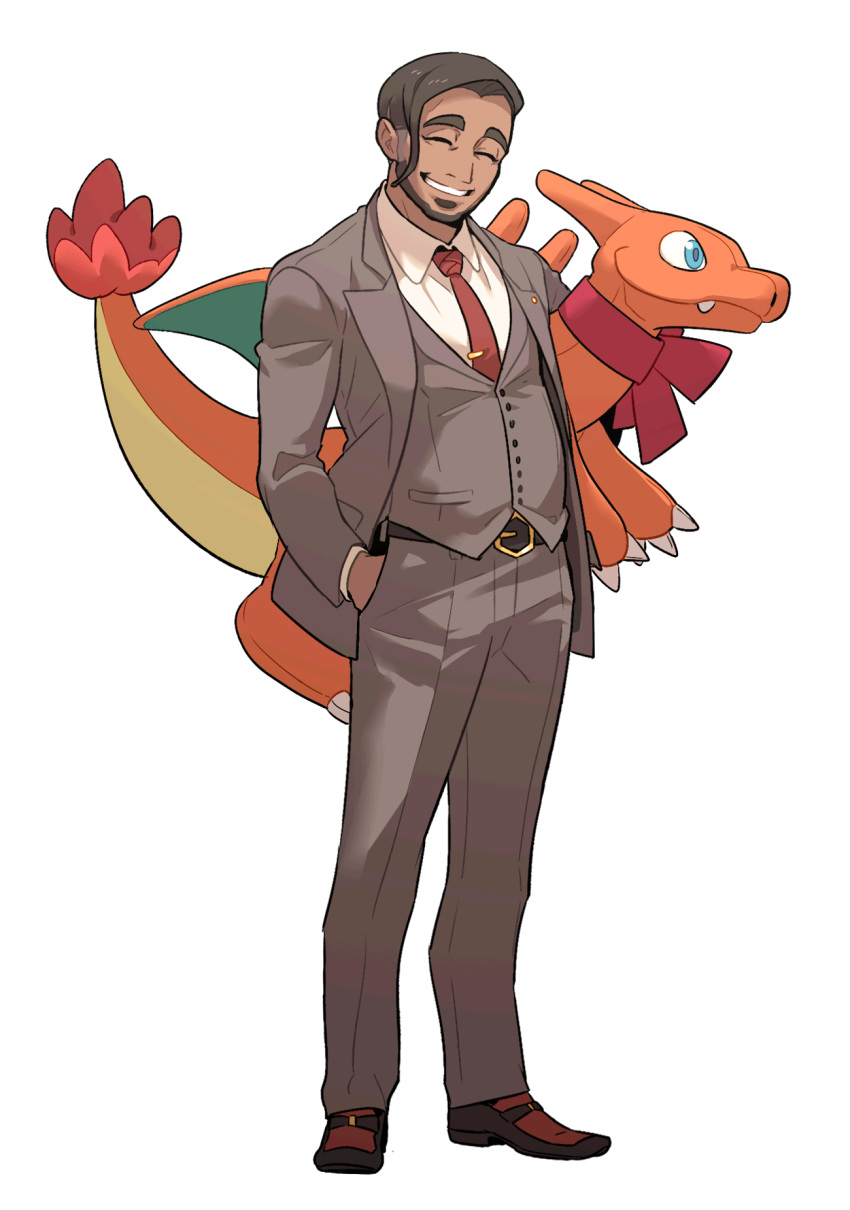 1boy belt black_hair business_suit buttons character_doll charizard closed_eyes collared_shirt commentary_request doll facial_hair formal full_body grey_jacket grey_pants grey_vest grin hand_in_pocket highres holding holding_doll jacket korean_commentary male_focus necktie pants pokemon pokemon_(game) pokemon_swsh red_necktie redlhzz rose_(pokemon) shirt shoes smile solo standing suit undercut vest white_shirt