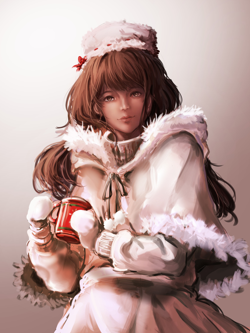 1girl absurdres bangs brown_eyes brown_hair closed_mouth coat cocoa_cookie cookie_run dark-skinned_female dark_skin dress hat highres humanization long_hair long_sleeves looking_at_viewer mittens realistic smile solo tls2234 upper_body winter_clothes winter_coat
